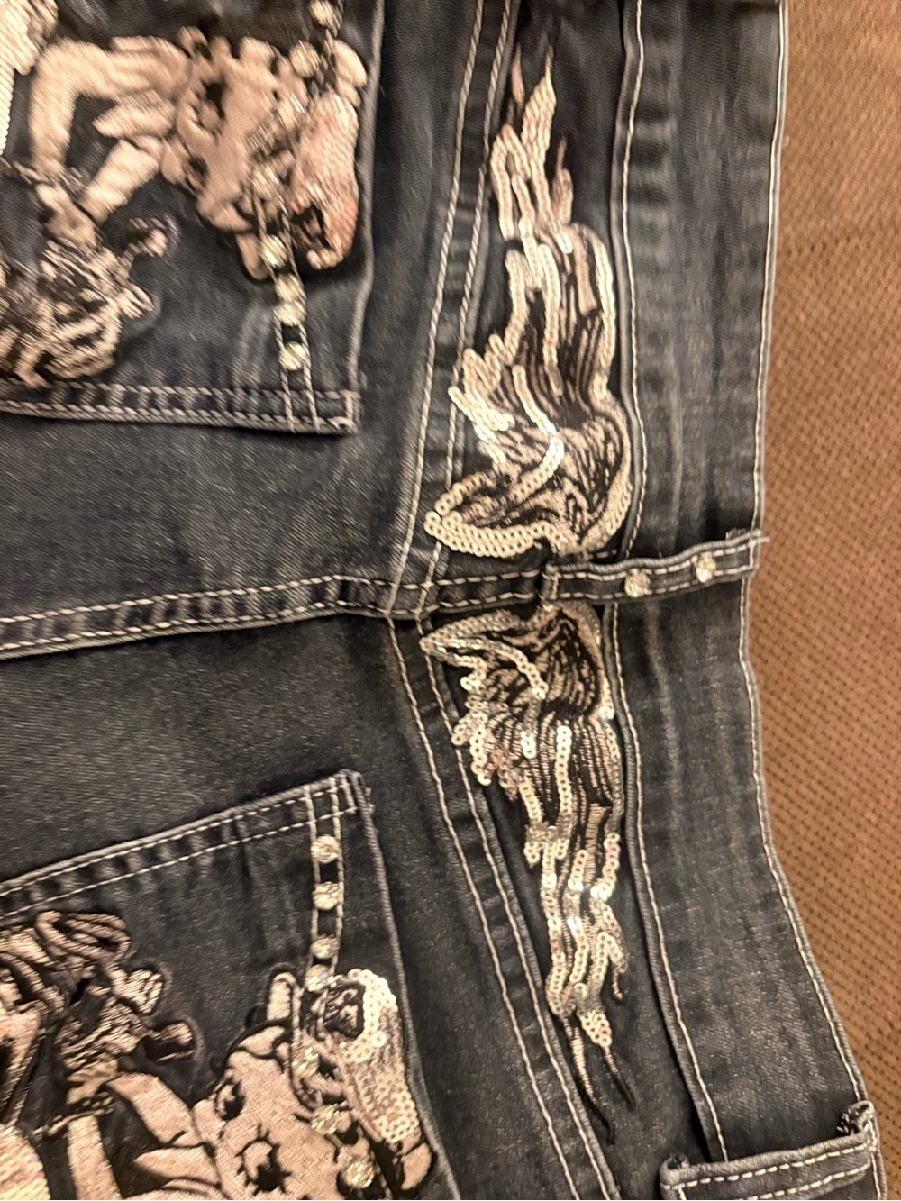 ROMWE Black Boot Cut Jeans with Sequin Embroidery